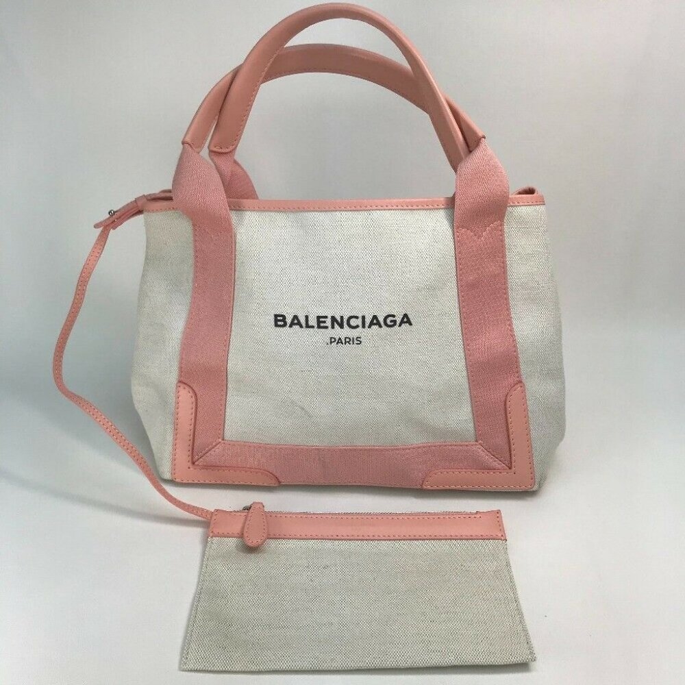 Authentic BALENCIAGA 339933 Navy Cabas S Hand Bag Tote Bag Canvas/Leather Natura - Picture 1 of 12